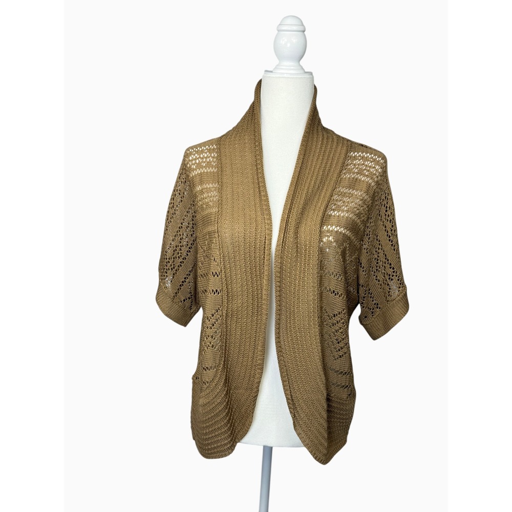 Chelsea Taylor 1X Tan Open Front Knit Cardigan Short Sleeve Boho Plus Size